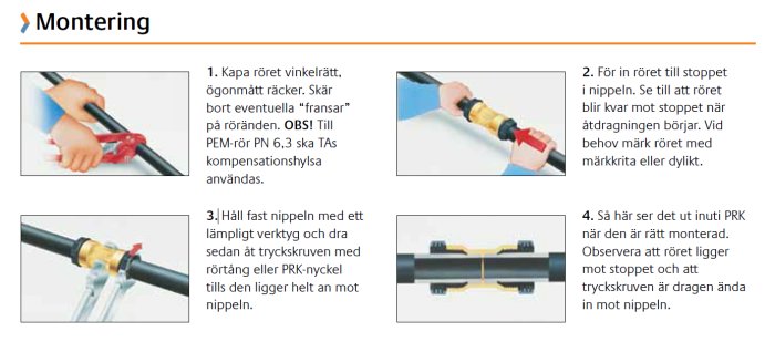 Stegvis anvisning för rörmontering med bilder på kapning, inskjutning, fasthållning och slutmonterat rörsystem.