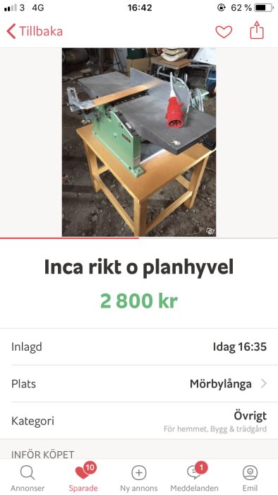 Begagnad Inca rikt och planhyvel på ställning visas i en annons med priset 2800 kr.