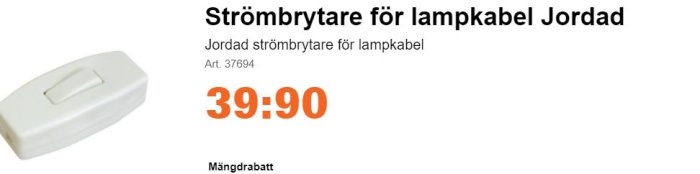 Vit jordad strömbrytare för lampkabel med pris och artikelnummer.