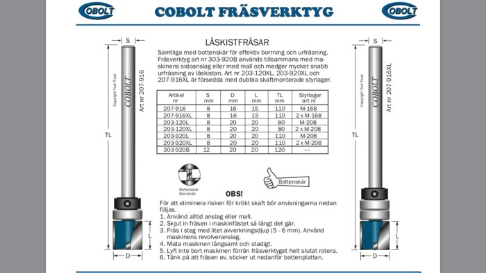 Teknisk ritning av COBOLT fräsverktyg modell 207 916XL med mått och instruktioner.