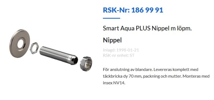 Bild av Smart Aqua PLUS Nippel med tätbricka, packning och mutter för anslutning av blandare.