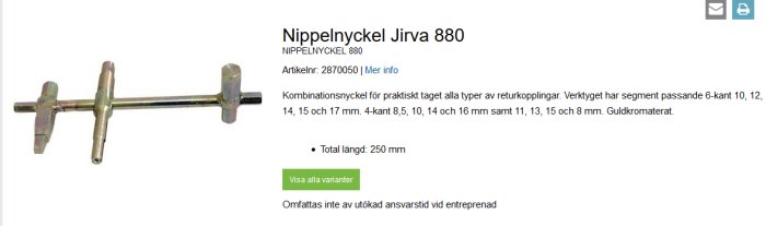 Nippelnyckel Jirva 880, kombinationsnyckel för rörkopplingar, guldtonad, med segment för olika storlekar.