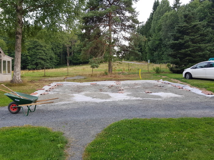 Nybyggd 40 kvm parkeringsplats med grus och kantsten, skottkärra i förgrunden.