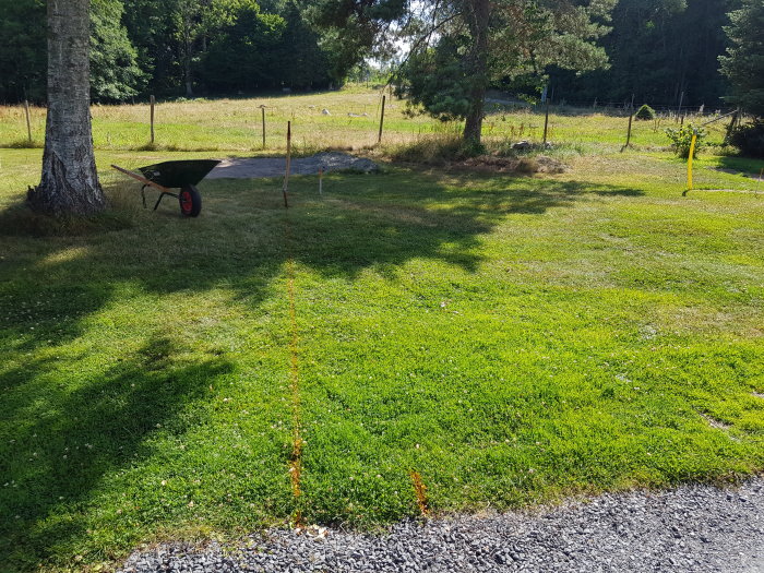 Grönt gräs med påbörjad anläggning av parkeringsyta, skottkärra och utmarkerade gränser synliga.