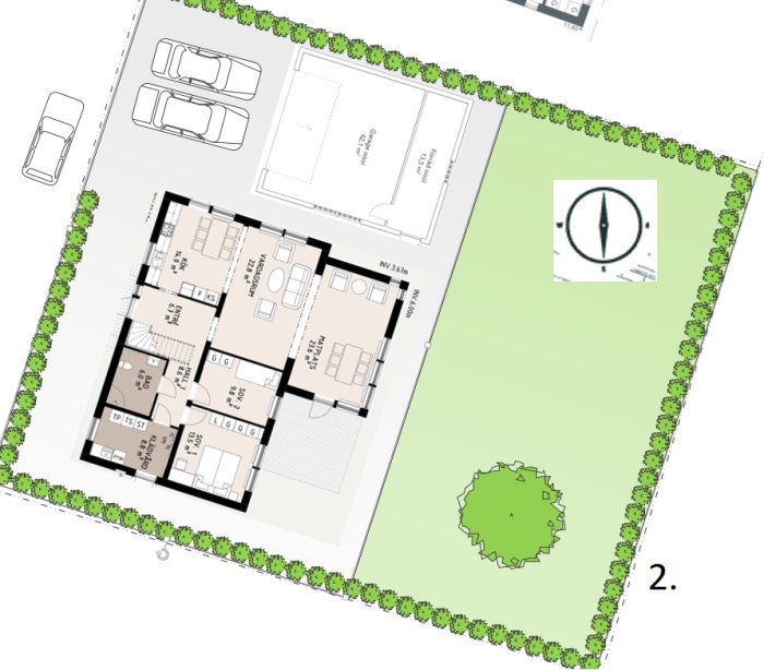 Ritning av en villa placerad på en tomt markerad som alternativ 2, med östlig infart och potential för trädäck i vinkeln.