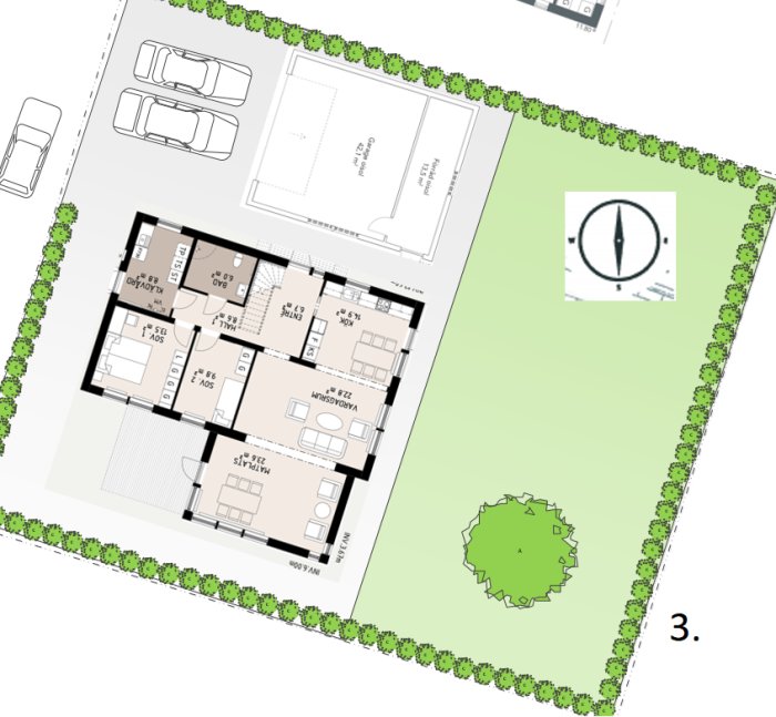 Planritning av en villa integrerad med en skiss av tomten, markerad som alternativ 3.