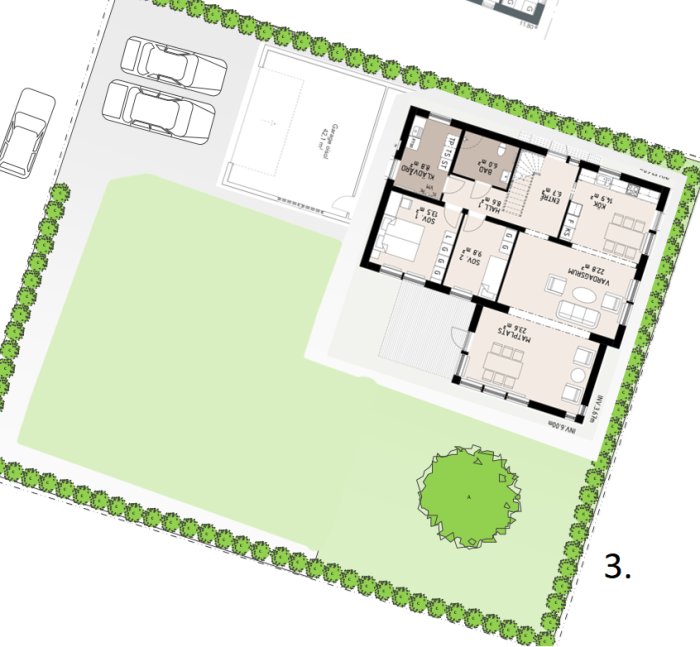 Översiktsbild av en tomt med ritning av ett enplanshus och placerad bilparkering, anpassad för optimerad planlösning.