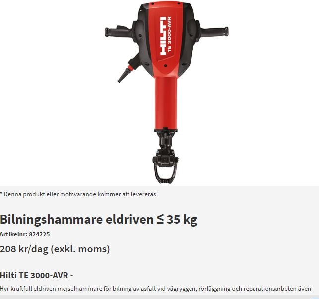 Hilti TE 3000-AVR bilmaskin, eldriven, för bilning och reparation, med prisuppgift från uthyrningsfirma.