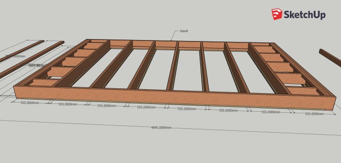 3D-modell av friggebodens golvram med måttmarkerade kortlingar och bjälkar.