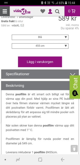 Skärmdump från vidaXL webbsida som visar en poolfilm med alternativ för färg och storlek och beskrivningstext.