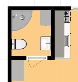 Skiss över en planlösning för ett badrum med noterade positioner för dusch, handfat och toalett.