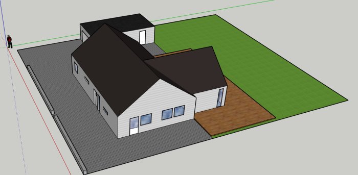 3D-skiss av ett hus med trädäck och garage på en tomt modellerad i en designprogramvara.