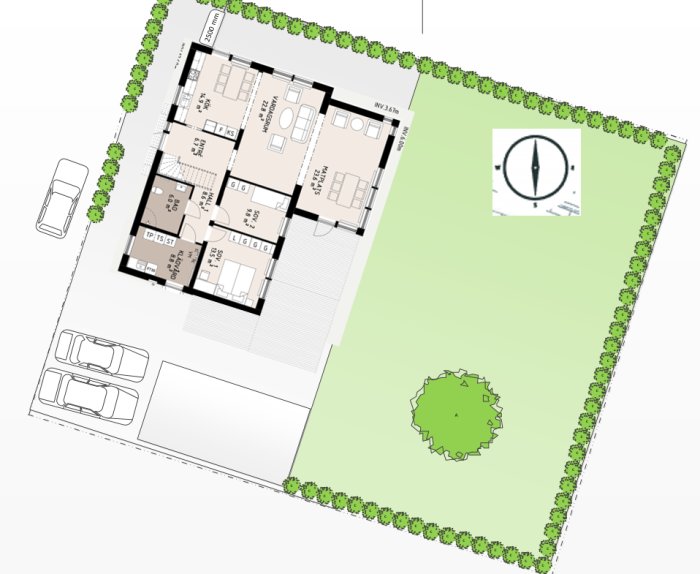 Enkel 3D-skiss av ett hus med planlösning och trädäck, inklusive markeringar för träd och buskar.