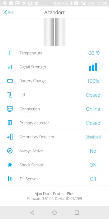 Skärmdump av app med status för altandörr, visar temperatur och olika sensorinställningar.