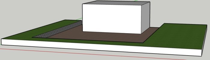 3D-modell av en stenterass under konstruktion bredvid ett fristående uterum med indikerat dräneringsområde.