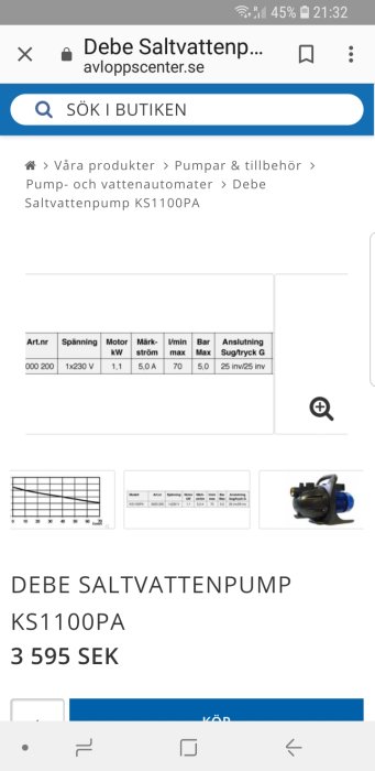 Skärmdump av webbsida med saltvattenpumpen Debe KS1100PA och dess tekniska specifikationer.