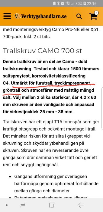 Skärmdump av en webbsida med information om Trallskruv CAMO och dess specifikationer.