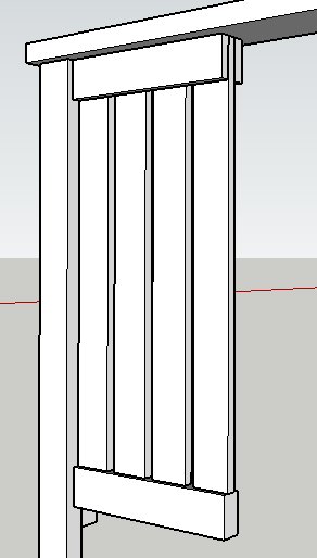 Ritning av ett staket med stående ribbor och överliggare framför.