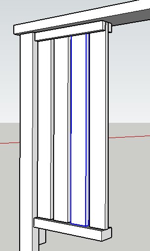 3D-modell av ett altanstaket med vertikala ribbor och horisontella stödbjälkar.