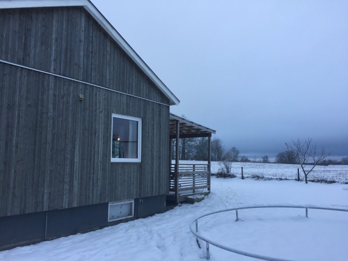 Järnvitrolad träfasad på hus, fotograferat på vintern med snötäckt mark och blek himmel.