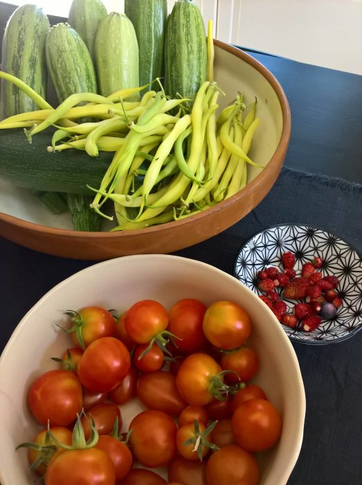 Skål med avlånga gröna squash, gula bönor och röda tomater samt en liten skål med smultron.