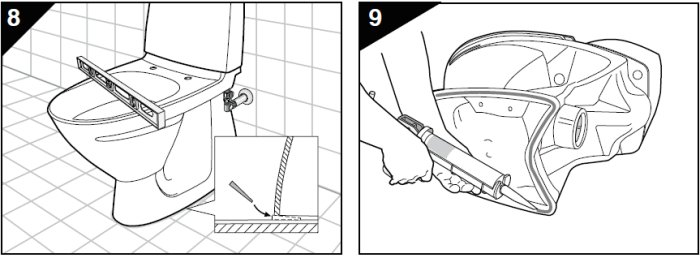 Illustration av toalett monterad på pinnar för silikonfästning och närbild på verktyg samt monteringsutrustning.