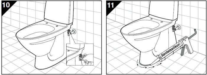 Illustrationer som visar montering av toalett med kilning och silikontätning enligt IFÖs anvisningar.