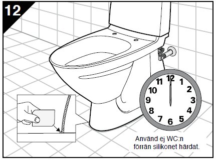 Illustration som visar korrekt montering av toalett med silikon och kilar, inklusive varningstext och klocka.