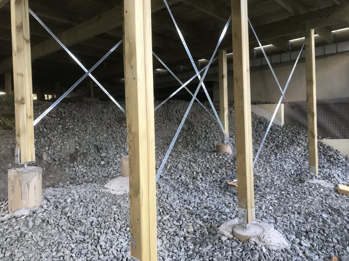 Stolpar med förstärkande diagonala kryss av metallband under ett bygge, stöttade av gråa grusblock.
