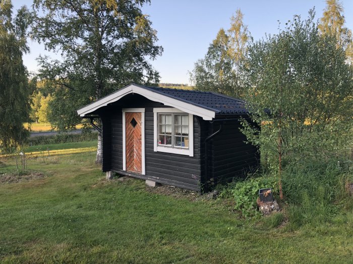 Svartmålad friggebod med röd dörr och vita fönster omgiven av grönt gräs och träd.