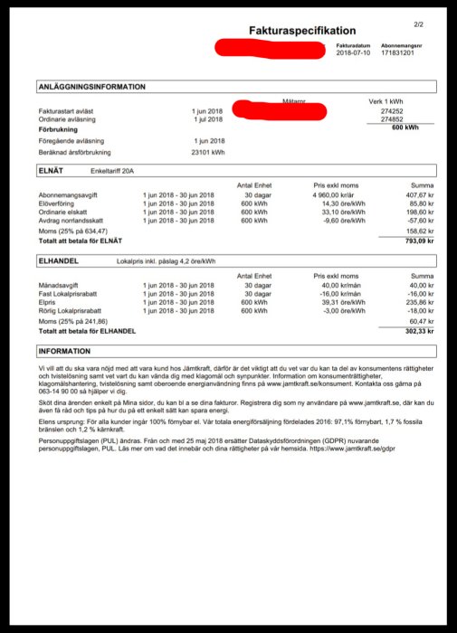 Skärmdump av en elräkning med detaljerad kostnad för elnät och elhandel.