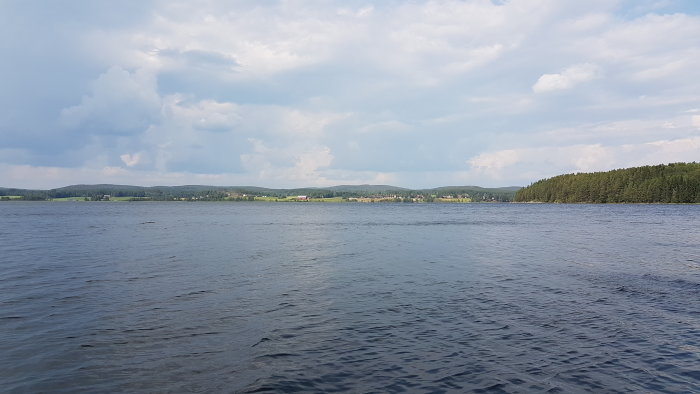 Vy över en lugn sjö med skog och bebyggelse i bakgrunden under en molnig himmel.