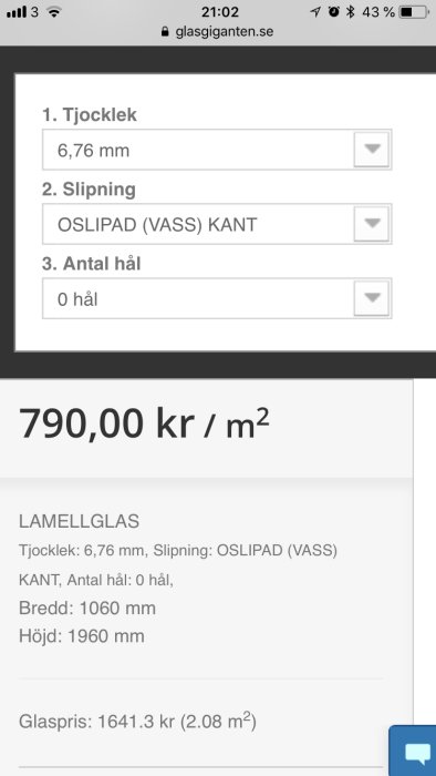 Skärmdump av webbsida med priser och specifikationer för måttbeställt laminerat glas.