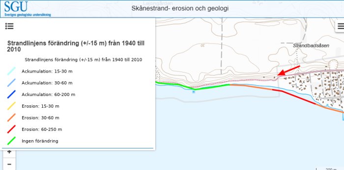 Karta över strandlinjeförändringar vid Löderups strandbad med olika färger som indikerar erosion och ackumulation.