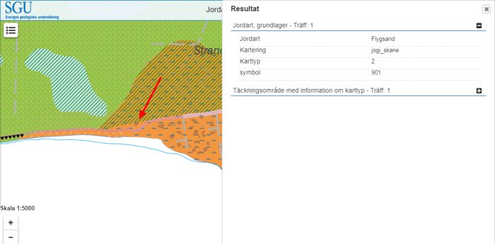 Geologisk karta som visar områden med flygsand och en brant med aktiv erosion symboliserad med röda trekanter.