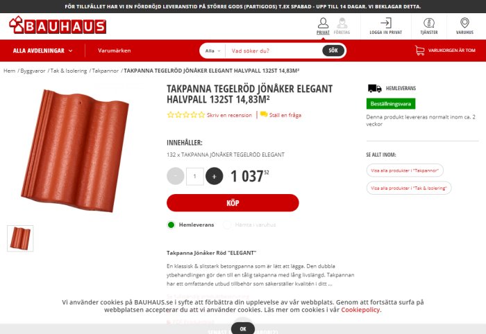 Skärmdump av takpanna Jönåker tegelröd elegant från BAUHAUS hemsida med pris och köpoption.