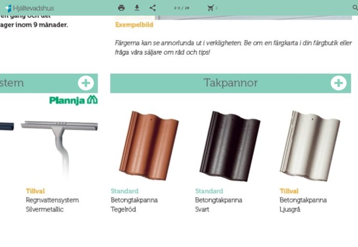 Tre olika betongtakpannor i färgerna tegelröd, svart och ljusgrå visas från olika vinklar på en produktjämförelsesida.