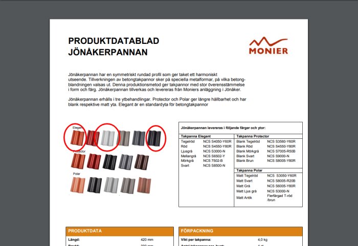 Produktblad visar olika färger på Jönåkerpannor från Monier med betoning på Elegant, Polar och Protector modeller.