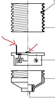 Teknisk ritning av en lamphållare med flärp och gänga markerat med rödpenna.
