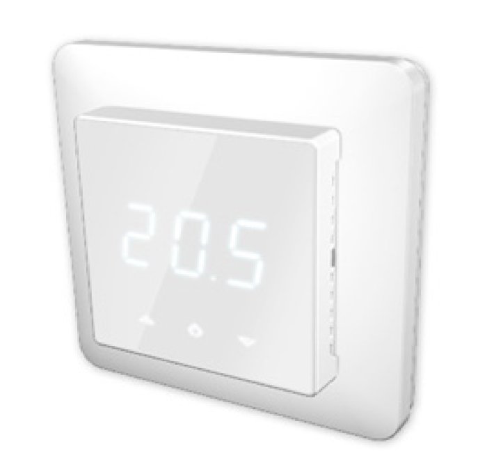 Modern golvvärmetermostat Laxvik med touchscreen och digital temperaturdisplay som visar 20.5 grader.