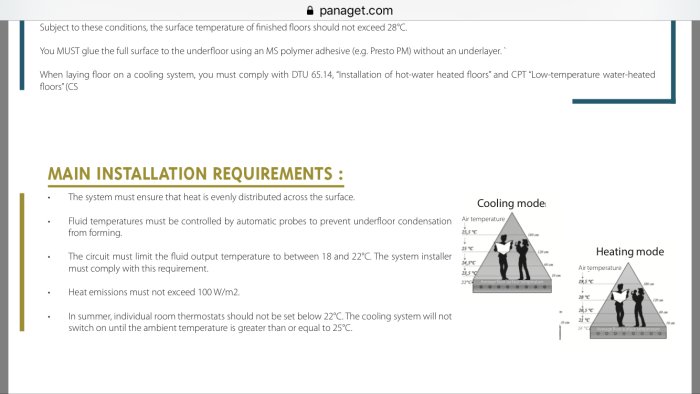 Diagram över installation av parkett på värmesystem, med krav på jämn värmefördelning och maxtemperaturer.