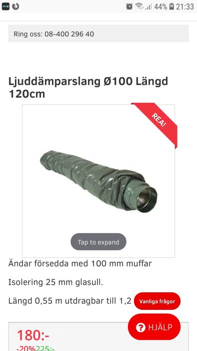 Flexibelt ljuddämparslang som är hoprullat och märkt med "REA", diameter 100mm och 120cm långt.