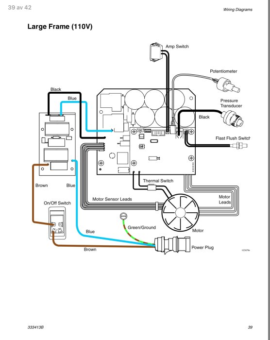 Elektriskt kopplingsschema för maskin med 110V konfiguration, inklusive strömbrytare och motoranslutningar.