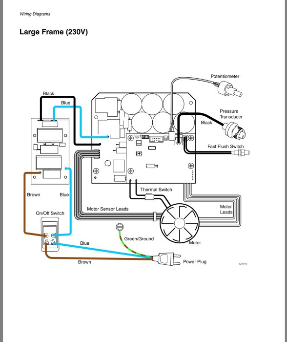 Schematisk bild av ett kopplingsschema för en maskin inställd på 230V, med olika komponenter och ledningar utmärkta.