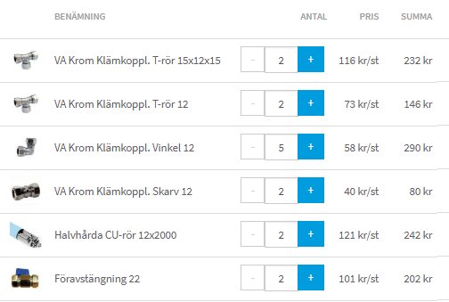 Fakturabild med posteringar för VVS-material som klämkopplingar, kromrör och förväxlingstänger med priser och antal.