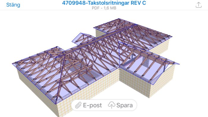 3D-modell av en takstolskonstruktion ovanpå en byggnad, från Nässjö takstolsfabrik.