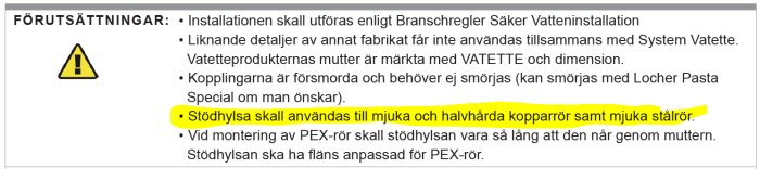 Skärmbild av installationsanvisning med regler för Vatette-produkter, markerad text om användning av stödhylsa för kopparrör.