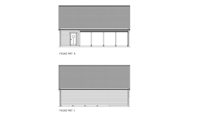 Arkitektritningar av en carport med sadeltak, fasad vy mot A och C.