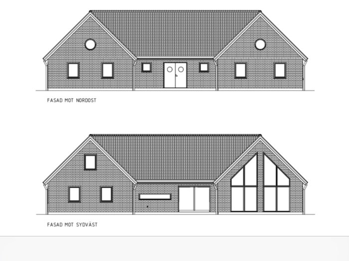 Arkitektritningar av en husfasad mot nordost och en annan mot sydväst med 45 graders sadeltak.