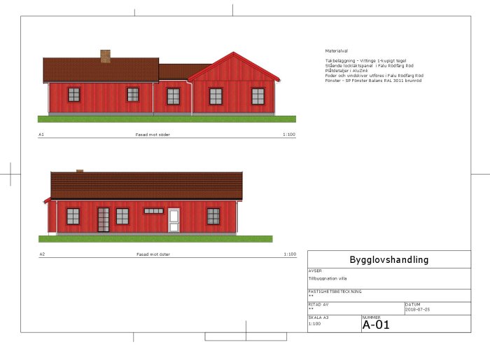 Bygglovshandling med ritningar av husets södra och östra fasader i rödfärgat trä och tegeltak.
